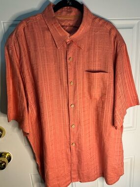 Tommy Bahama Linen Shirt Mens XL Coral Striped Button Front Camp Beach Casual